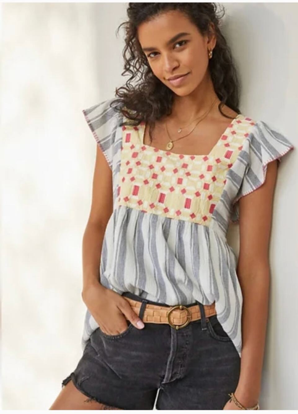 Anthropologie Basel Embroidered Tunic Blouse Blue Stripe Size 6 NWT